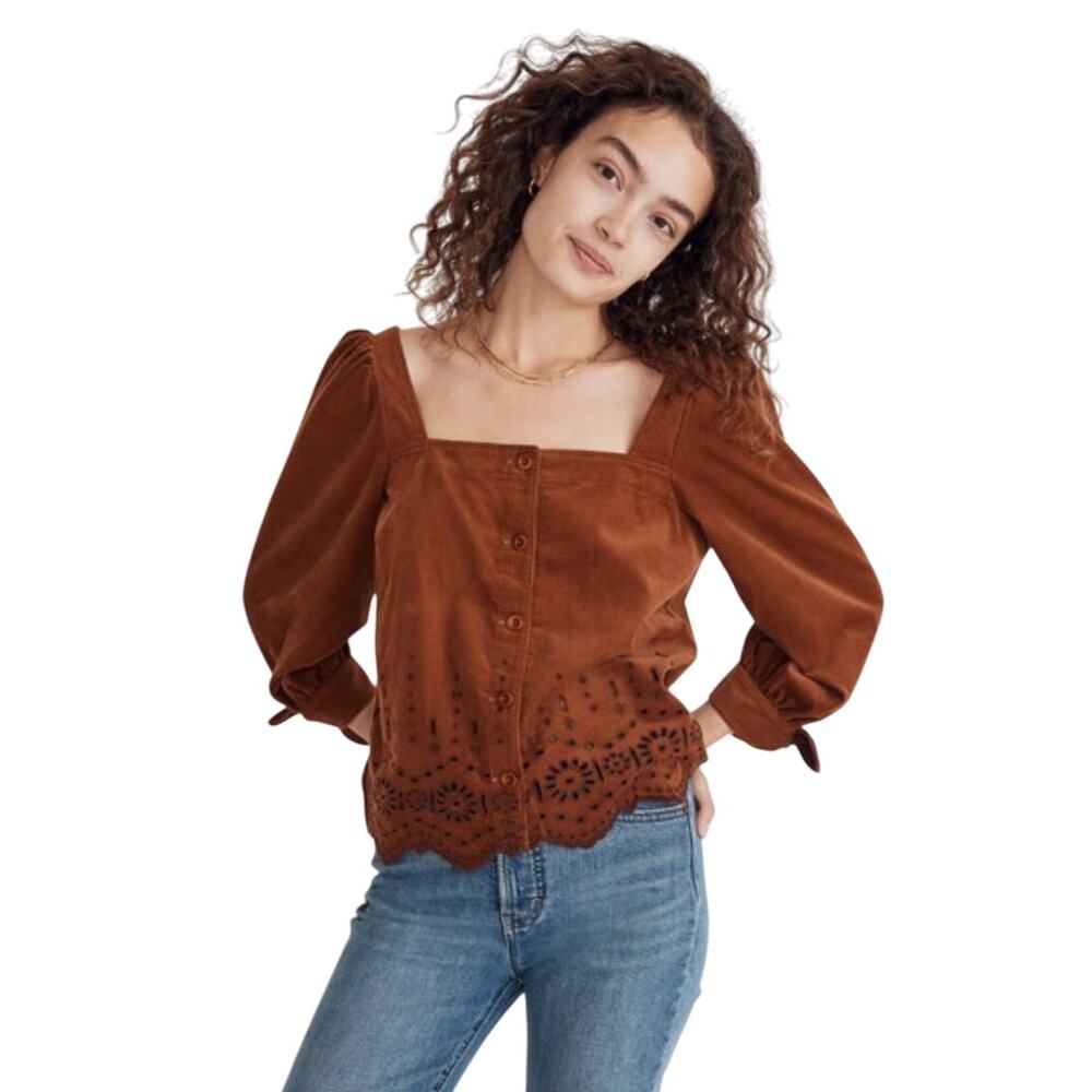 Madewell Embroidered Eyelet Corduroy Tie-Sleeve Top, Warm Coffee, Size Small